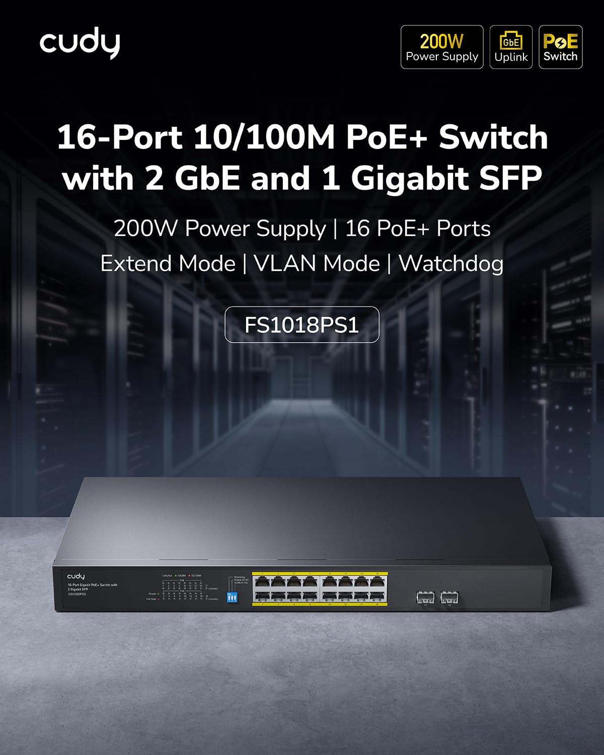 Cudy 100Mbps Ethernet Unmanaged PoE+ Switch, 200W, 16 FbE Ports, 802.3af/at Mode A, 1 Gigabit SFP, 2 GbE Uplink, Desktop, Rack-Mount, FS1018PS1 - Image 7
