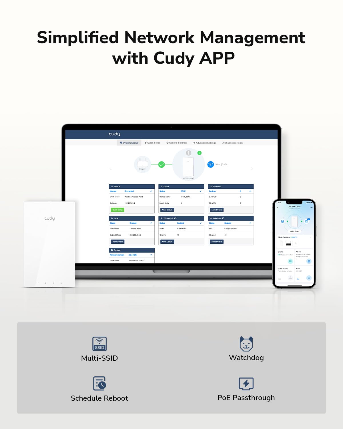 Cudy AP1300 Wall WiFi 5 AC1200 in-wall Gigabit Wireless Access Point, Support AP Controller, MU-MIMO, PoE Powered, Cudy App Control or Web Configuration - Image 5